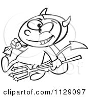 Cartoon Of An Outlined Devil Boy Carrying A Sack And Pitchfork Royalty Free Vector Clipart by toonaday