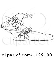 Cartoon Of An Outlined Halloween Witch Girl Hauling Her Candy Sack Royalty Free Vector Clipart