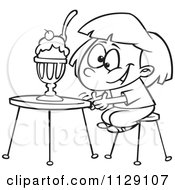 Cartoon Of An Outlined Excited Girl With An Ice Cream Sundae Royalty Free Vector Clipart