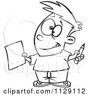 Poster, Art Print Of Outlined Happy Boy Holding A Sheet Of Paper And A Pencil