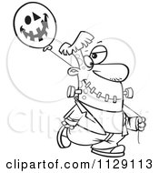 Cartoon Of An Outlined Frankenstein With A Halloween Jackolantern Balloon Royalty Free Vector Clipart