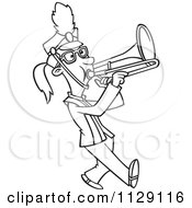 Cartoon Of An Outlined Marching Band Trombone Player Girl Royalty Free Vector Clipart