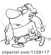 Cartoon Of An Outlined Man Carrying A Body Bag And A Shovel Royalty Free Vector Clipart