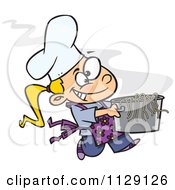 Cartoon Of A Happy Blond Girl Chef Carrying A Pot Of Pasta Royalty Free Vector Clipart