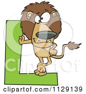 Cartoon Of A Lion Leaning On A Letter L Royalty Free Vector Clipart