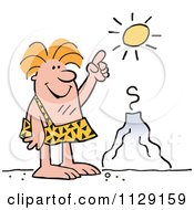 Cartoon Of A Happy Caveman Pointing To A Sun Over A Volcano Royalty Free Vector Clipart