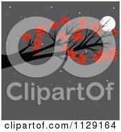 Cartoon Of An Autumn Maple Tree Branch Against A Full Moon And Gray Night Sky Royalty Free Vector Clipart