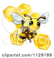 Poster, Art Print Of Cute Bee Waving Over Honeycombs