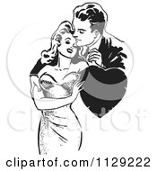 Clipart Of A Retro Man And Woman Romanticly Embracing With A Heart In Black And White Royalty Free Vector Illustration by Picsburg #COLLC1129222-0181