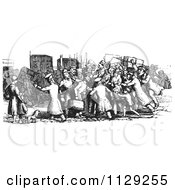 Clipart Of Retro Vintage Travelers Surrounded By Locals Wanting To Offer Services In Black And White Royalty Free Vector Illustration by Picsburg