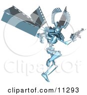 Blue Manga Style Robot Jumping And Holding A Laser Gun Clipart Picture by AtStockIllustration