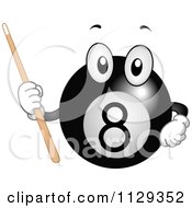Cartoon Of A Billiards Eight Ball Mascot Holding A Cue Stick Royalty Free Vector Clipart by BNP Design Studio