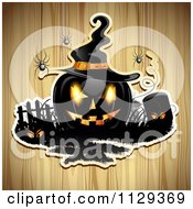 Poster, Art Print Of Halloween Jackolantern Pumpkin And Tombstone With Eyes And Spiders Over Wood 3