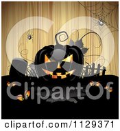 Poster, Art Print Of Halloween Jackolantern Pumpkin And Tombstone With Eyes And Spiders Over Wood 1