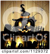 Poster, Art Print Of Halloween Jackolantern Pumpkin And Tombstones With Eyes And Spiders Over Wood