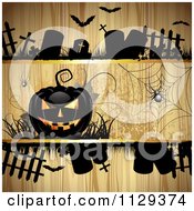 Poster, Art Print Of Halloween Jackolantern Pumpkin And Tombstones With Spiders Over Wood