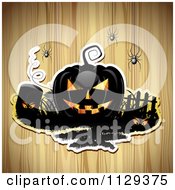Poster, Art Print Of Halloween Jackolantern Pumpkin And Tombstone With Eyes And Spiders Over Wood 2