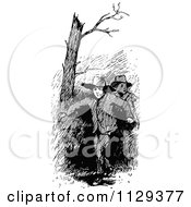 Clipart Of Retro Vintage Black And White Boys Hiking Outdoors Royalty Free Vector Illustration