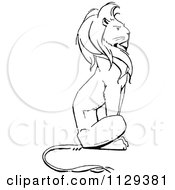Clipart Of A Retro Vintage Black And White Sitting Lion Royalty Free Vector Illustration