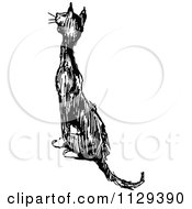 Clipart Of A Retro Vintage Black And White Cat Meowing And Sitting Royalty Free Vector Illustration