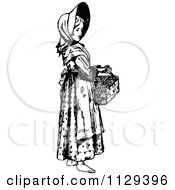 Clipart Of A Retro Vintage Black And White Barefoot Girl Carrying A Picnic Basket Royalty Free Vector Illustration