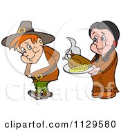 Cartoon Of A Native American Woman Serving A Pilgrim Thanksgiving Turkey Royalty Free Vector Clipart by LaffToon