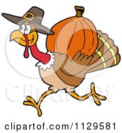 Poster, Art Print Of Thanksgiving Pilgrim Turkey Running With A Pumpkin