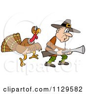 Poster, Art Print Of Thanksgiving Turkey Bird Sneaking Behind A Hunting Pilgrim