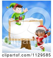 Cartoon Of Happy Christmas Elves By A Wooden Sign In A Winter Landscape Royalty Free Vector Clipart