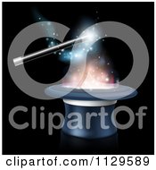 Clipart Of A Magic Wand And Sparkles Over A Top Hat On Black Royalty Free Vector Illustration