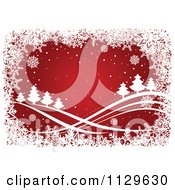 Clipart Of A Red Christmas Background With White Trees Waves And Snowflakes Royalty Free Vector Illustration