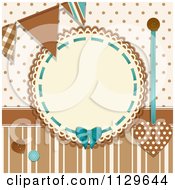 Clipart Of A Retro Round Frame With Banner Flags Buttons Polka Dots And Stripes In Brown And Blue Royalty Free Vector Illustration by elaineitalia