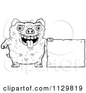Cartoon Clipart Of An Outlined Ugly Pig With A Sign Black And White Vector Coloring Page by Cory Thoman