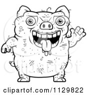 Cartoon Clipart Of An Outlined Waving Ugly Pig Black And White Vector Coloring Page
