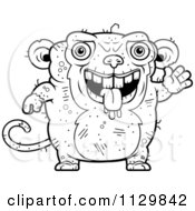 Cartoon Clipart Of An Outlined Waving Ugly Monkey Black And White Vector Coloring Page