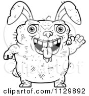 Cartoon Clipart Of An Outlined Waving Ugly Rabbit Black And White Vector Coloring Page by Cory Thoman