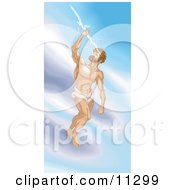 Greek God Zeus Standing On A Cloud And Grasping A Thunderbolt Clipart Illustration