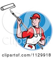 Poster, Art Print Of Retro House Painter Worker Using A Roller In A Blue Circle