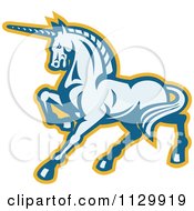 Poster, Art Print Of Retro Prancing Unicorn In Blue And Yellow