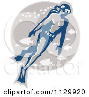Poster, Art Print Of Retro Scuba Diver With Fish In A Gray Circle