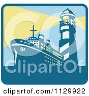 Clipart Of A Cargo Ship And With Lighthouse With Beacon Lights Square Icon Royalty Free Vector Illustration