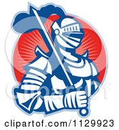 Retro Woodcut Knight In Armour Over A Red Circle