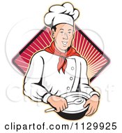 Clipart Of A Retro Male Chef Holding A Bowl And Spoon Over A Ray Diamond Royalty Free Vector Illustration