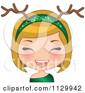 Poster, Art Print Of Laughing Blond Christmas Girl Wearing An Antler Head Band