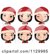 Poster, Art Print Of Black Haired Christmas Girl Smiling And Wearing A Santa Hat With Different Expressions