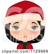 Poster, Art Print Of Skeptical Black Haired Christmas Girl Smiling And Wearing A Santa Hat