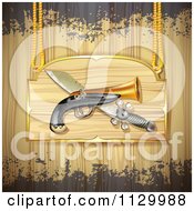 Clipart Of A Pirate Gun And Sword Crossed On A Sign Over Wood With Grunge Royalty Free Vector Illustration by merlinul