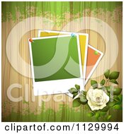 Poster, Art Print Of White Rose Flower And Wood Background With Pinned Photos