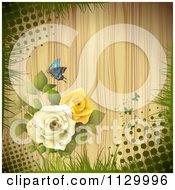 Clipart Of A Butterfly Rose Flower And Wood Background With Halftone Royalty Free Vector Illustration