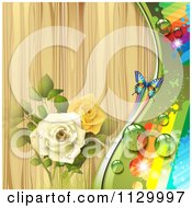 Poster, Art Print Of Butterfly Rose Flower And Wood Background With Rainbows